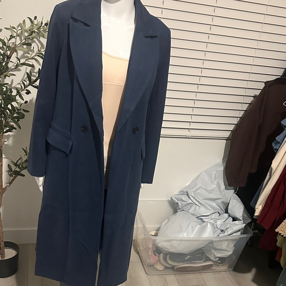 Women's Blue Long Coat - Picture 4 of 10